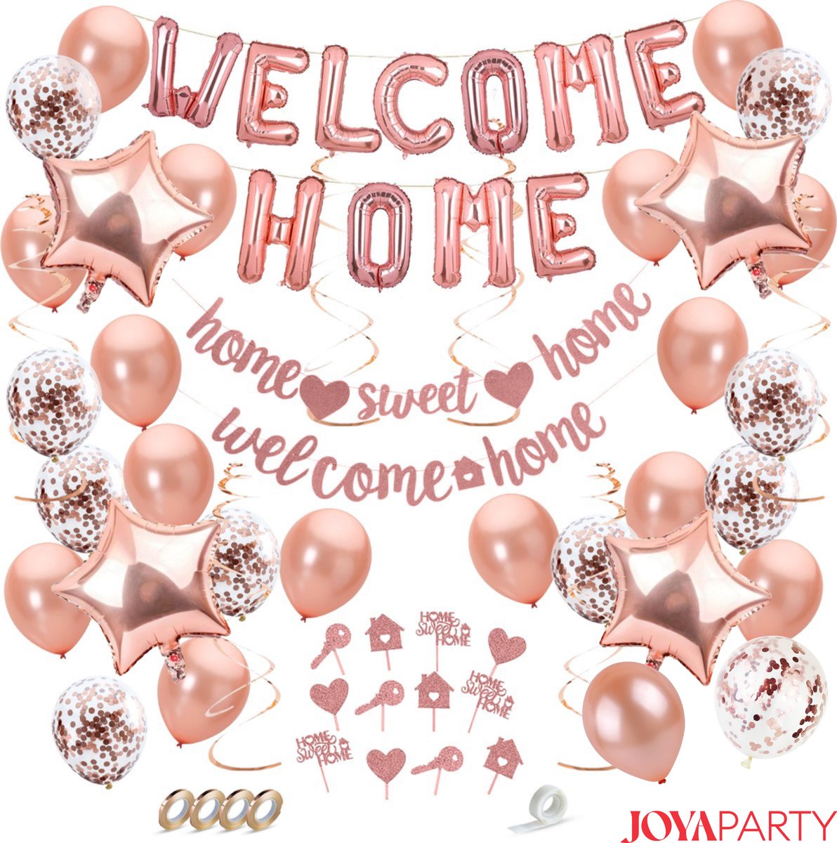 Joya® Welkom Thuis Feestset | Welcome Home Decoratie Pakket | Verhuizing Feest | Surprise Party | Rose Goud | Inhoud = 66 stuks
